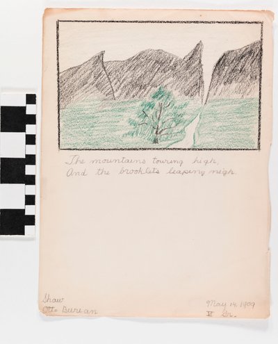 Ilustración a lápiz sobre papel de montañas con poema abajo de Otto Burian